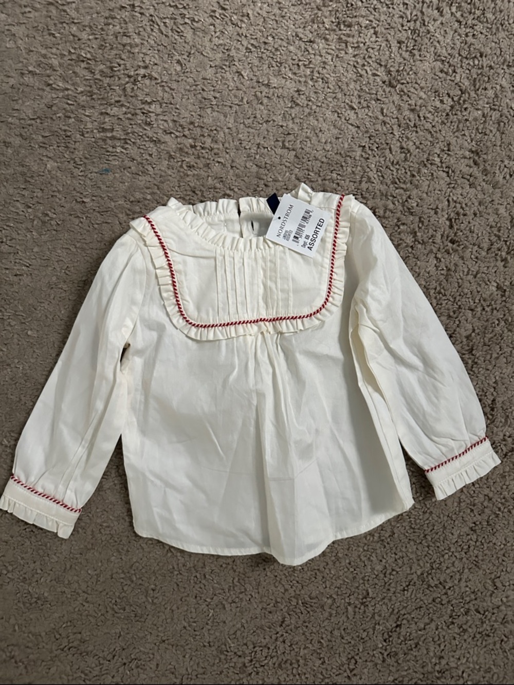 NWT Janie and Jack Girls Cream Long-Sleeve Smocked Top with Red Trim 12-18m